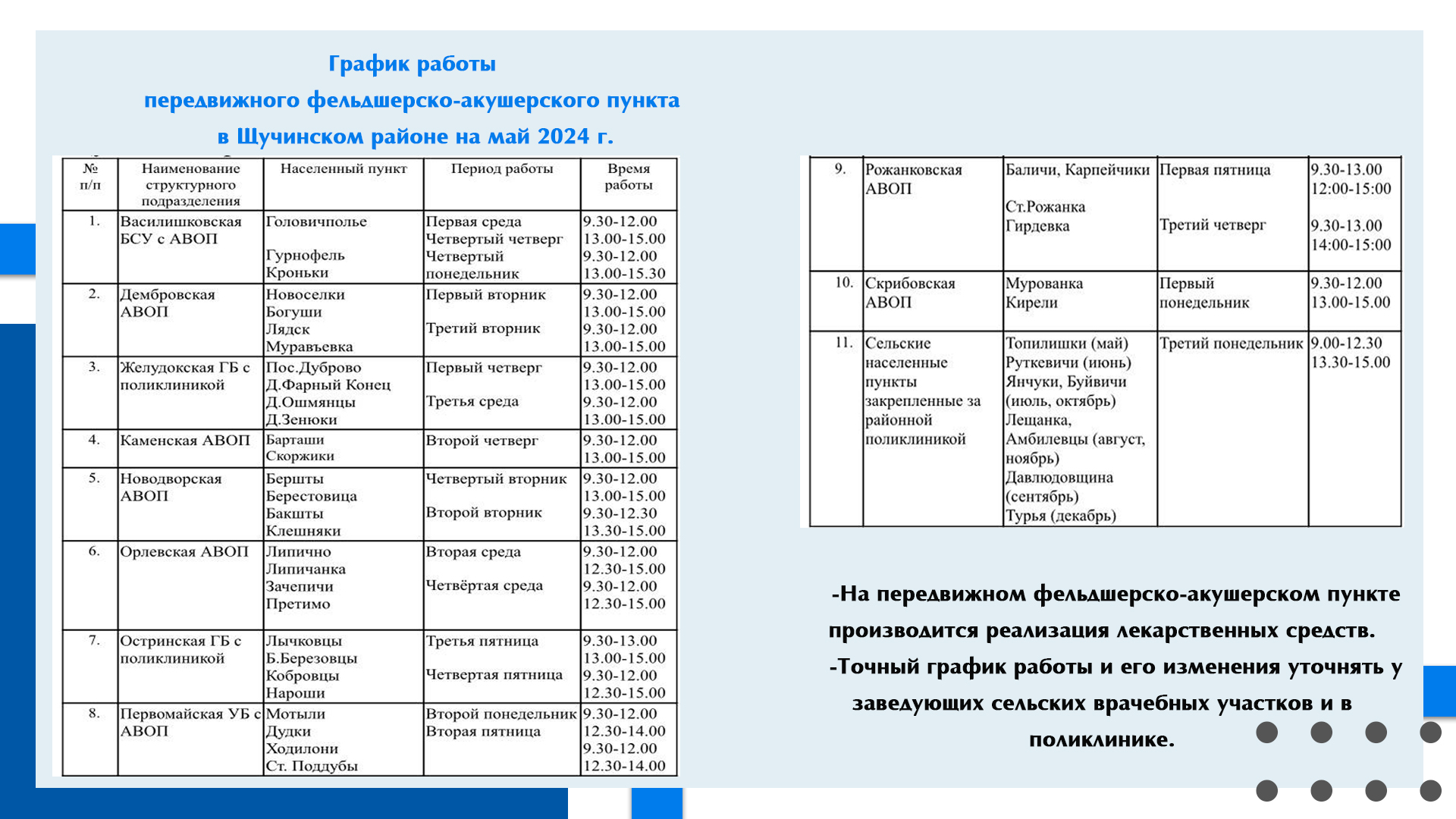  График работы передвижного фельдшерско-акушерского пункта  в Щучинском районе на май 2024 г.